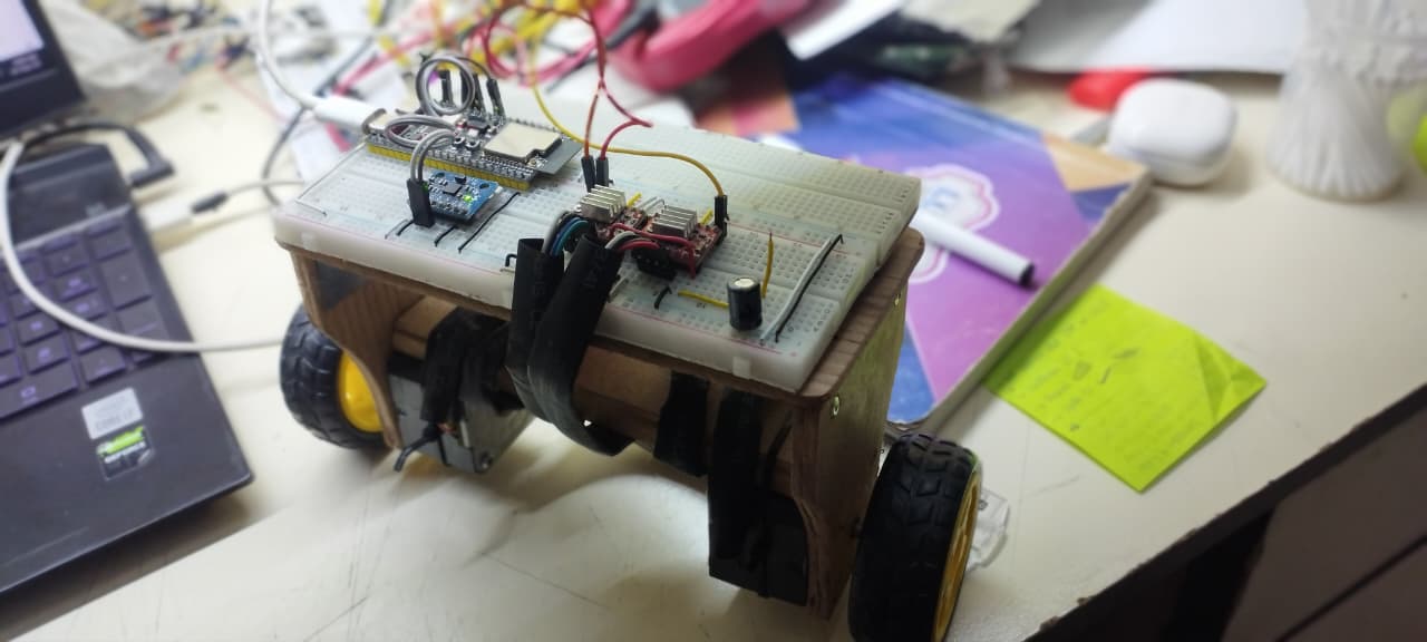 Top view of the breadboard with the ESP32, MPU6050 IMU, and two motor drivers